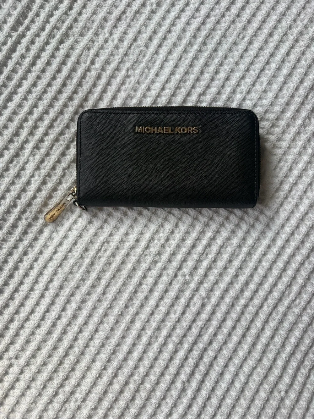 Michael Kors Black Saffiano Zip Wallet with Gold Logo